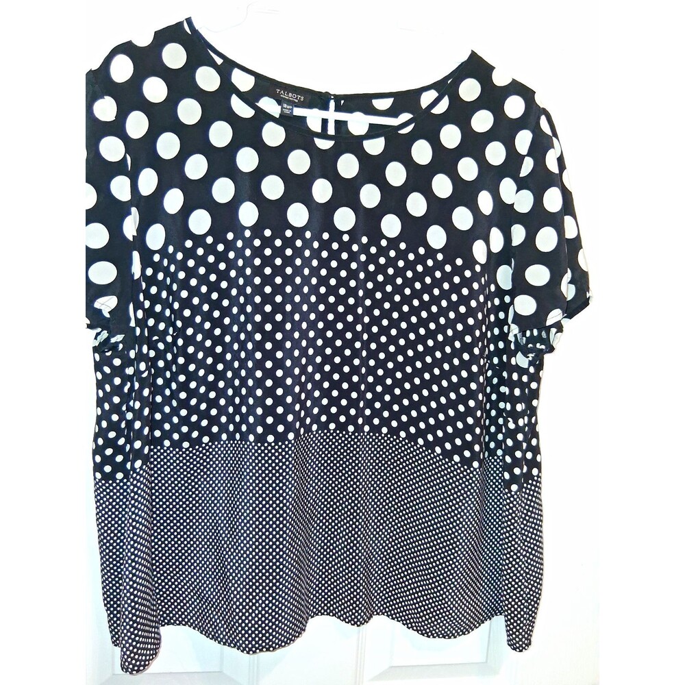 Talbots Silk Blouse Women’s 18P Petites Black White Polka Dot Short Sleeve